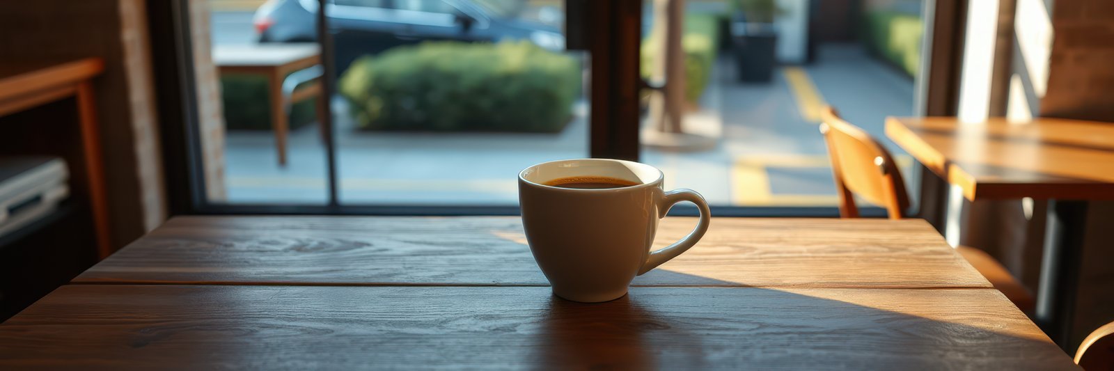 Morning coffee sits on a wooden table in a sunlit cafe with a view of the street outside during the early hours of the day
